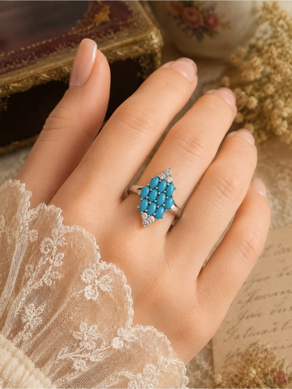 SONI • India 925 Silver Southwestern Turquoise Cluster Ring